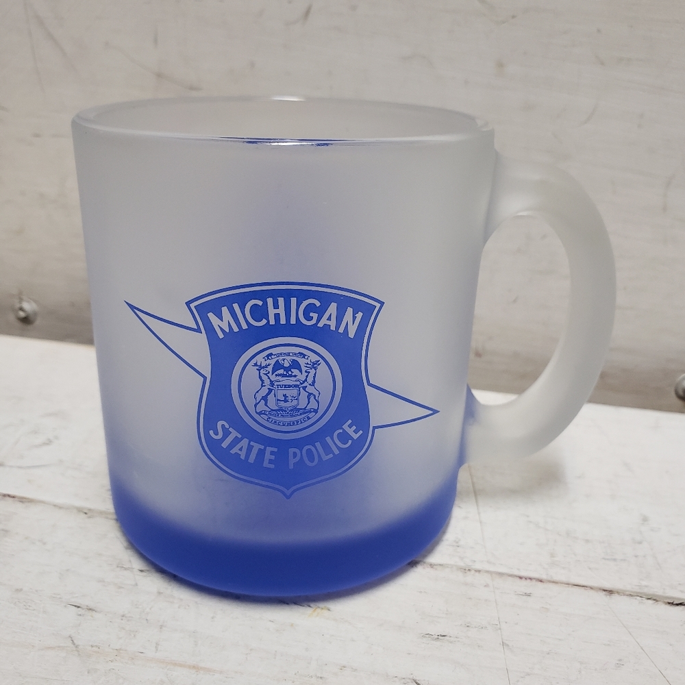 Michigan State Police vintage USA frosted glass coffee tea ☕ mug cup blue white